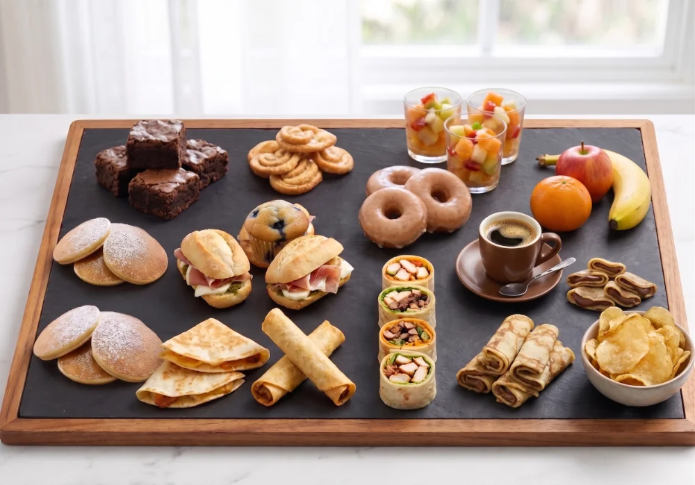 Charola de brunch y desayuno corporativo con café, fruta fresca, pan dulce, mini baguettes y bocadillos matutinos para eventos en Salón Palmasola Cancún.