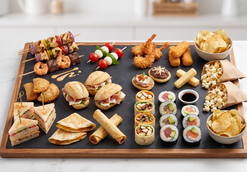 Tabla de bocadillos gourmet variados con sushi, mini baguettes, brochetas y canapés para eventos en Salón Palmasola Cancún.
