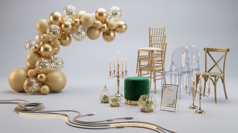 Catálogo de mobiliario y decoración para eventos con arco de globos dorados, sillas Tiffany, sillas de acrílico, candelabros y terrarios.