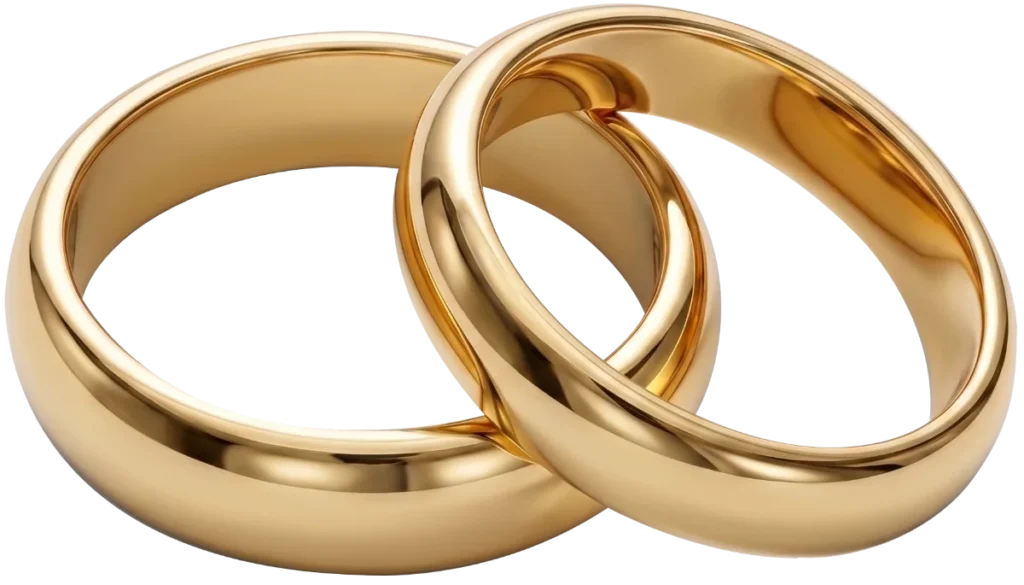 Dos argollas de matrimonio de oro entrelazadas sobre un fondo negro para la sección de paquetes de bodas.