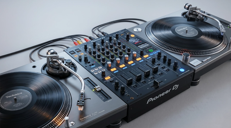 Equipo de DJ profesional con mezcladora Pioneer y tornamesas Technics para producción de audio en eventos del Salón Palmasola.